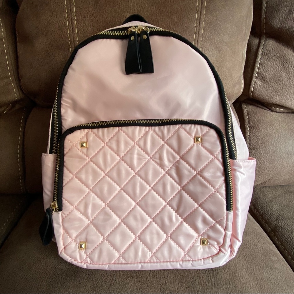 Kiss Me Couture Front Quilted Pocket Black Detail Gold Studded Pink Backpack